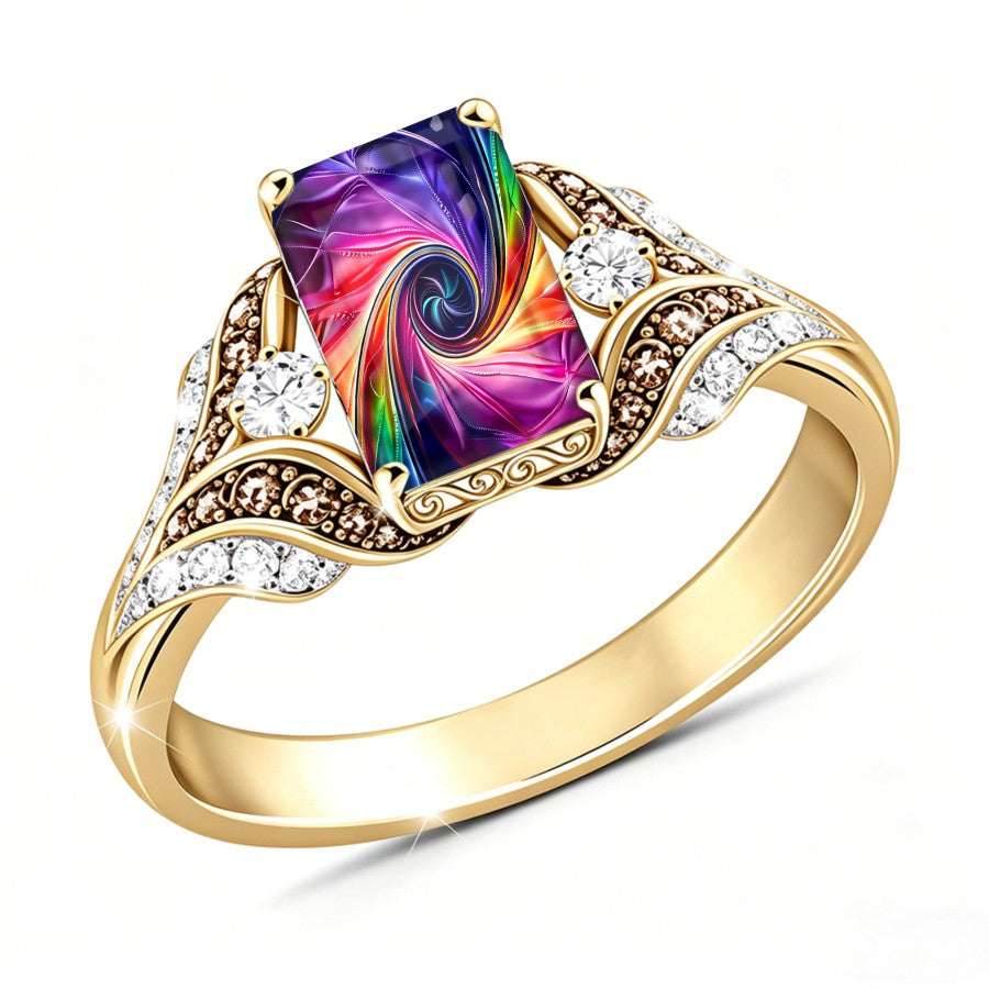 Rainbow Abstract Swirl Square Ring