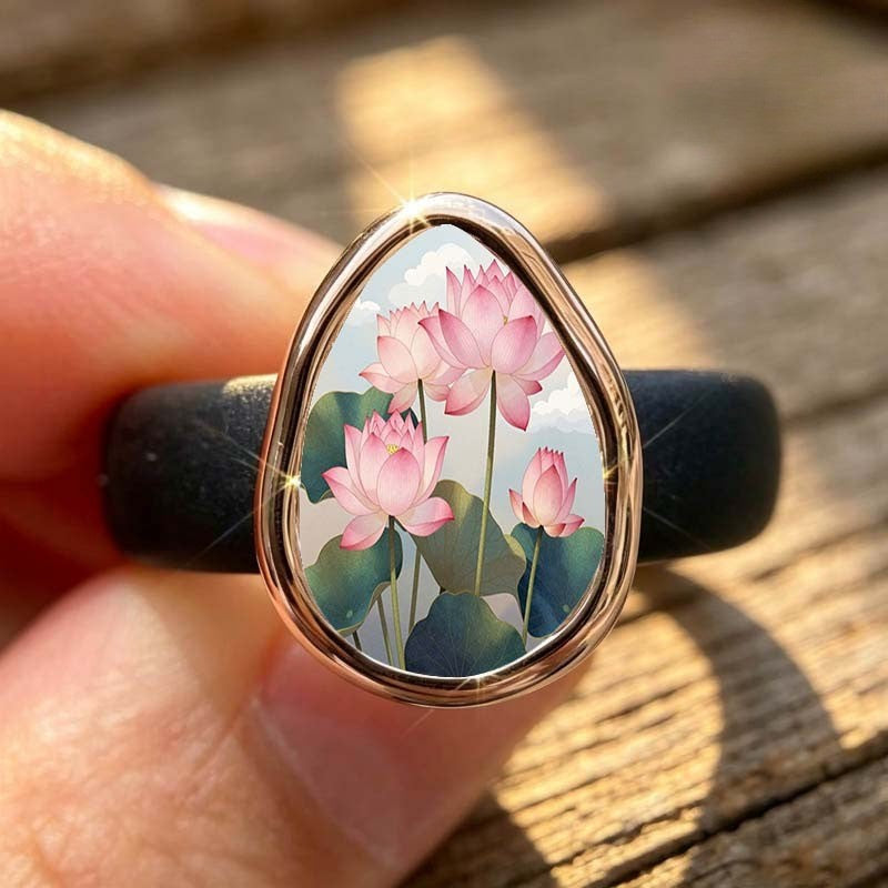 Pink Lotus Teardrop Glass Ring