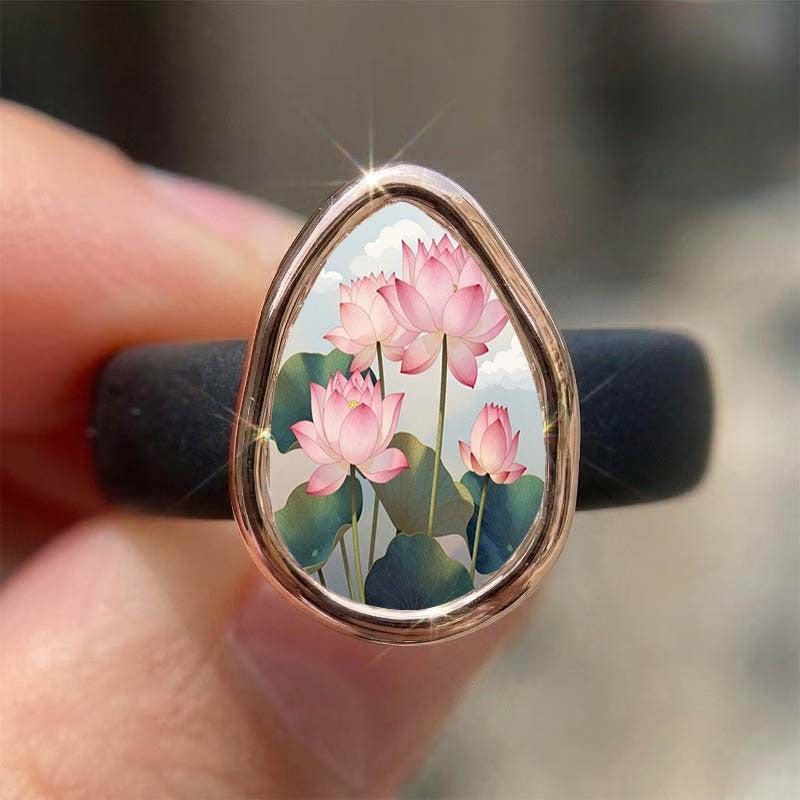 Pink Lotus Teardrop Glass Ring