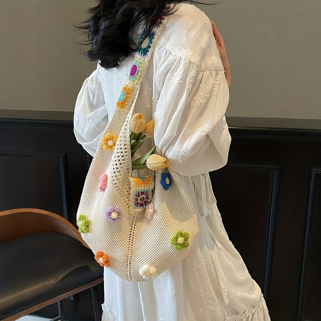 Crochet Flower Applique Shoulder Bag