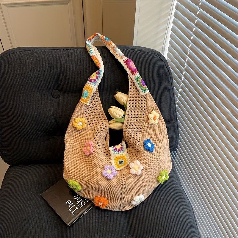 Crochet Flower Applique Shoulder Bag