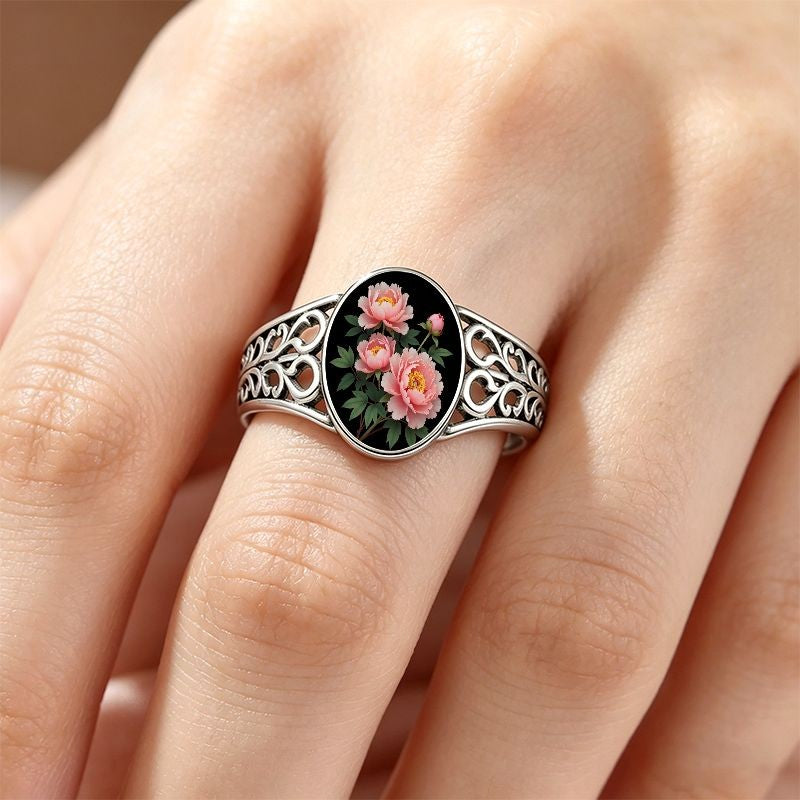 Pink Peony Glass Inlay Ring