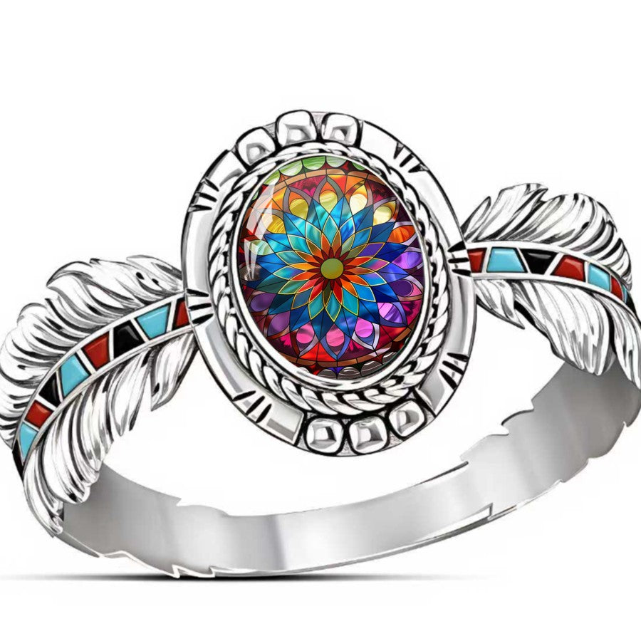 Stained Glass Mandala Feather Ring