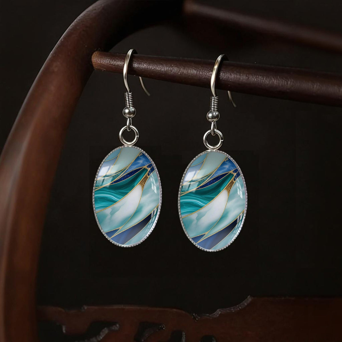 Teal Stained Glass Oval Earrings
