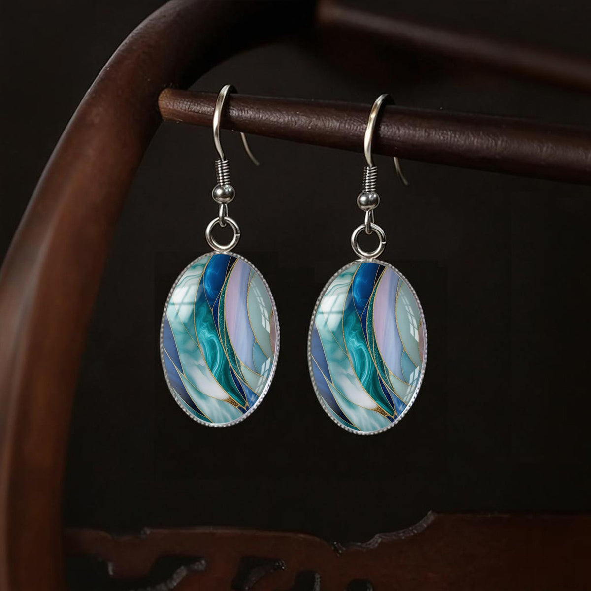 Teal Stained Glass Oval Earrings