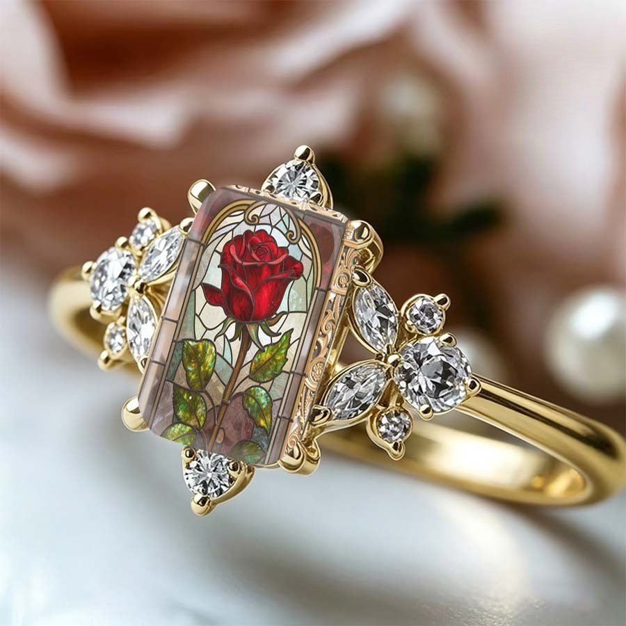 Red Rose Stained Glass Crystal Ring
