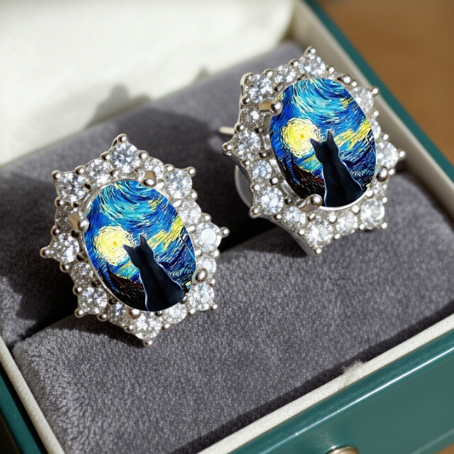 Starry Night Cat Crystal Stud Earrings