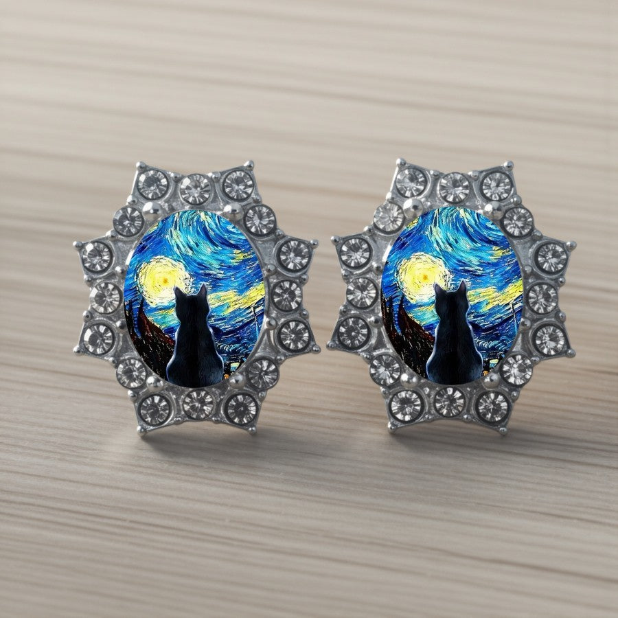 Starry Night Cat Crystal Stud Earrings