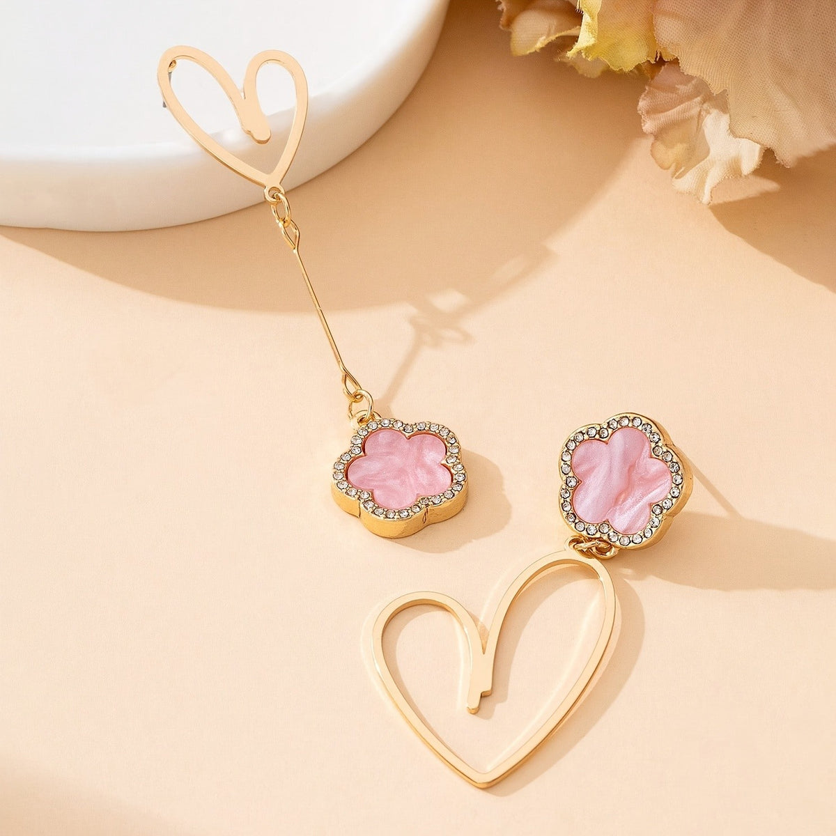 Pink Clover Heart Drop Earrings