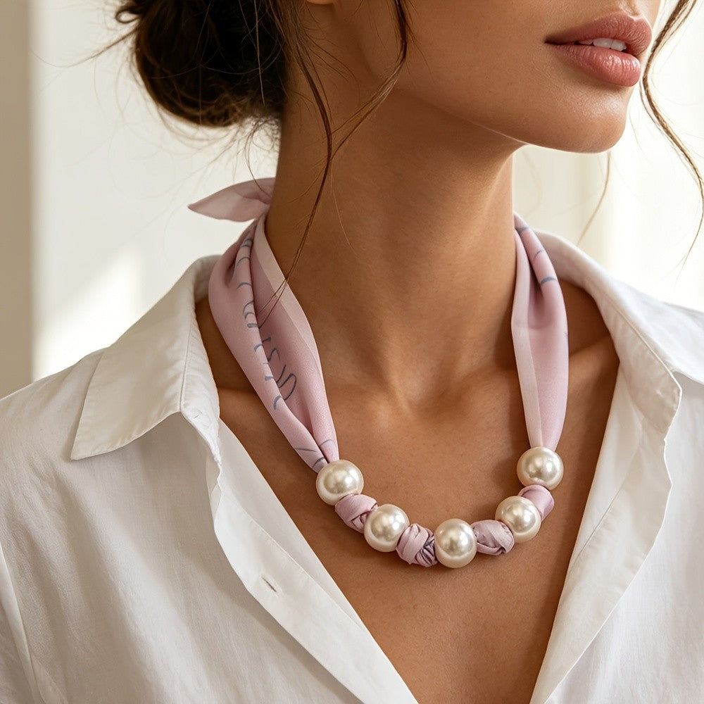 Seashell Print Pearl Scarf Necklace