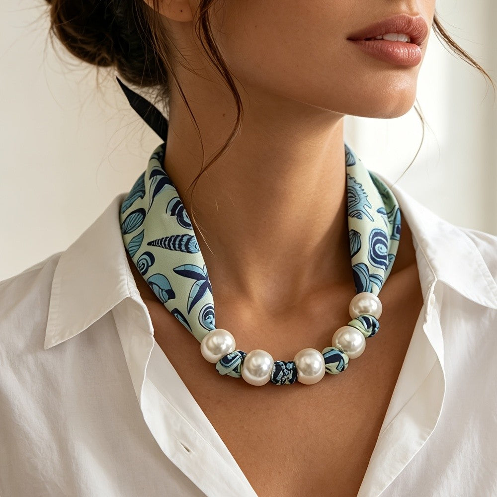 Seashell Print Pearl Scarf Necklace