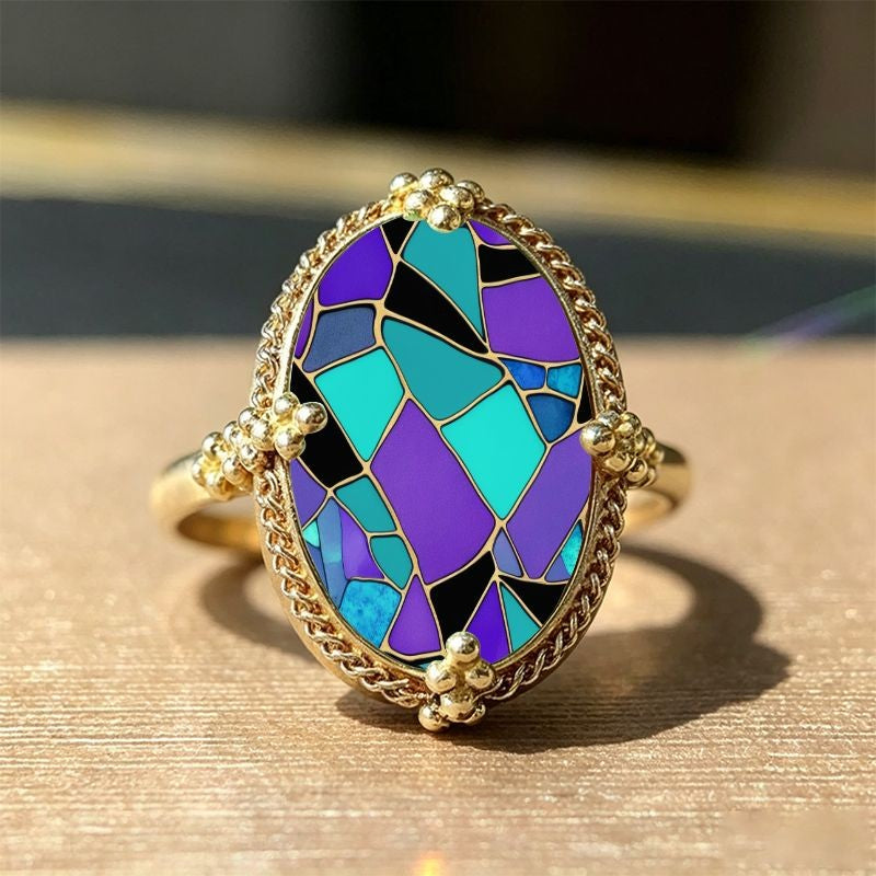 Purple & Teal Mosaic Oval Ring
