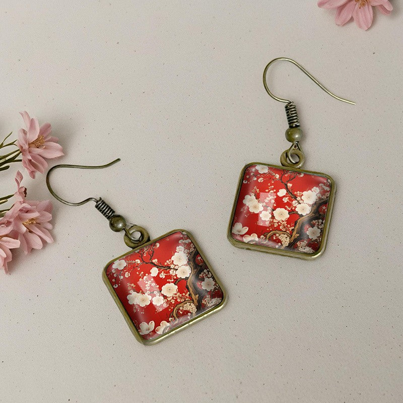 Red Sakura Square Earrings