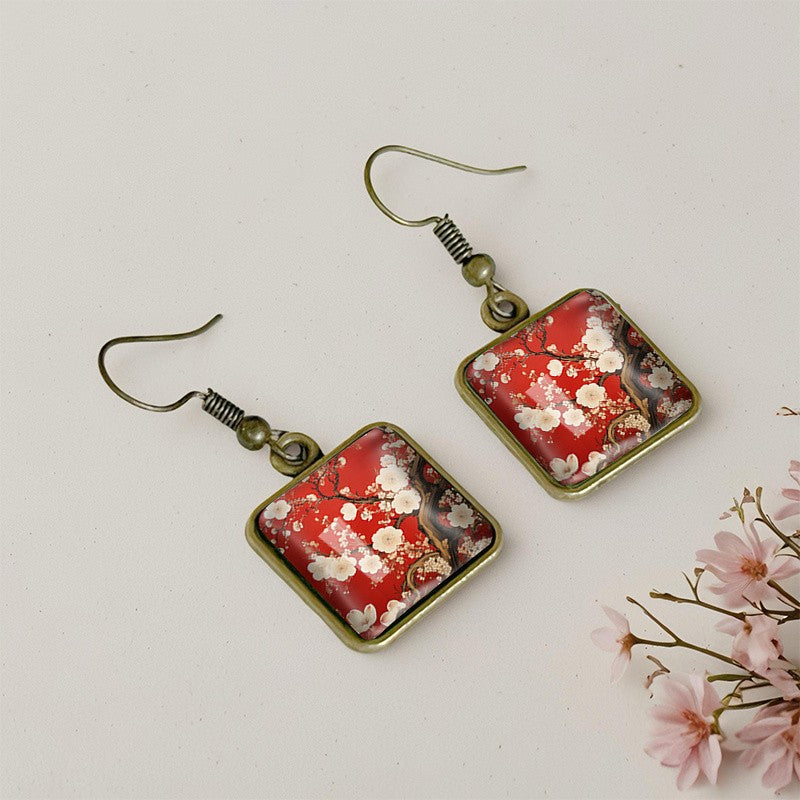 Red Sakura Square Earrings