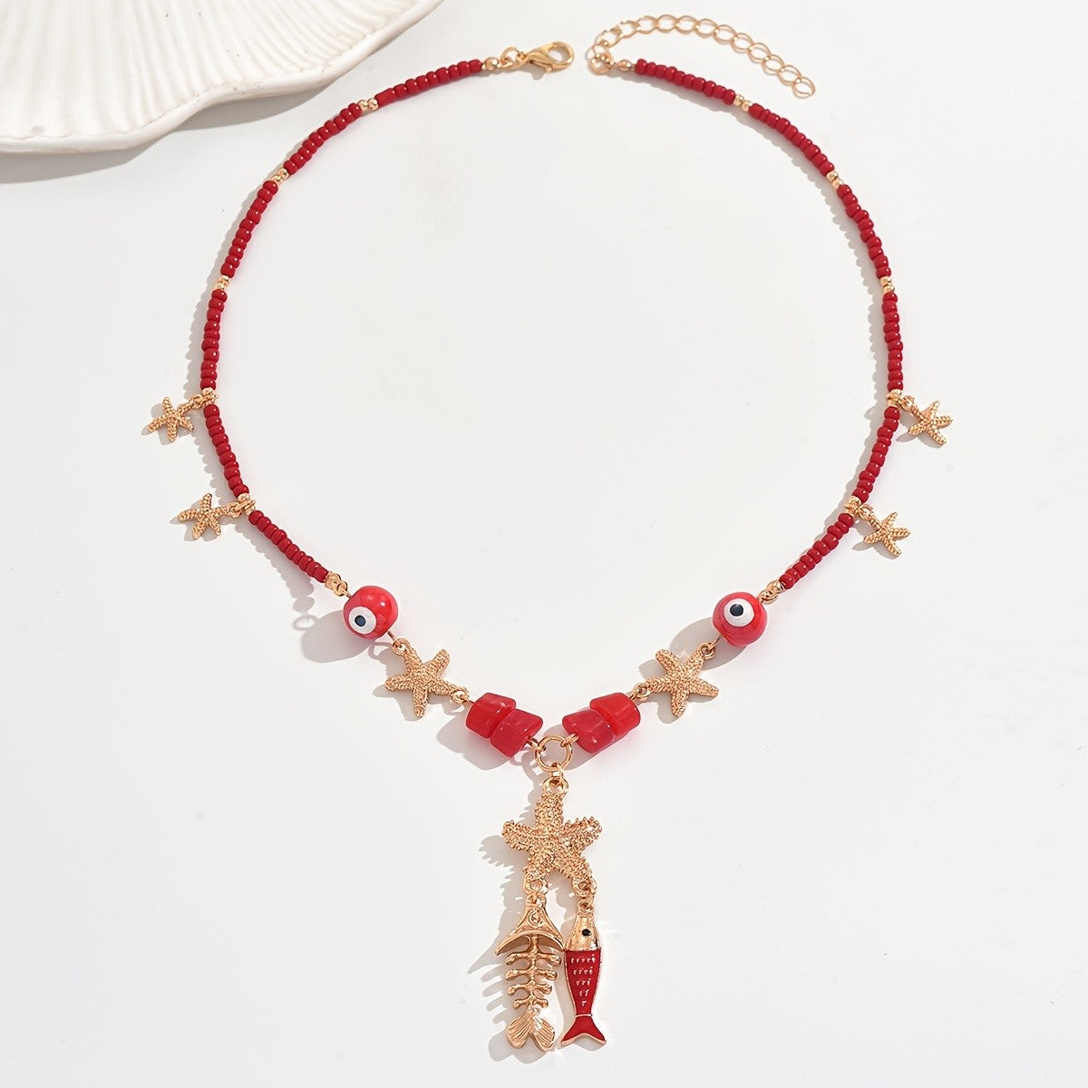 Red Bead Starfish & Fish Necklace