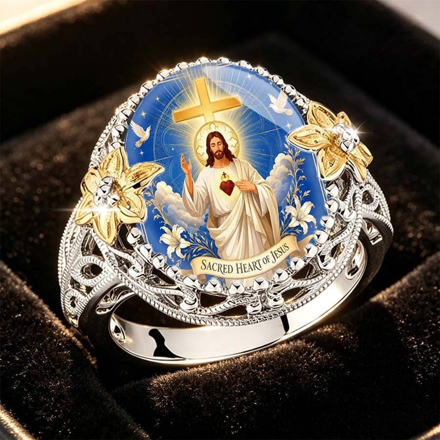 Sacred Heart Cross & Dove Statement Ring