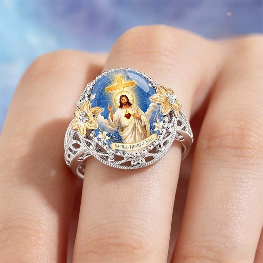 Sacred Heart Cross & Dove Statement Ring