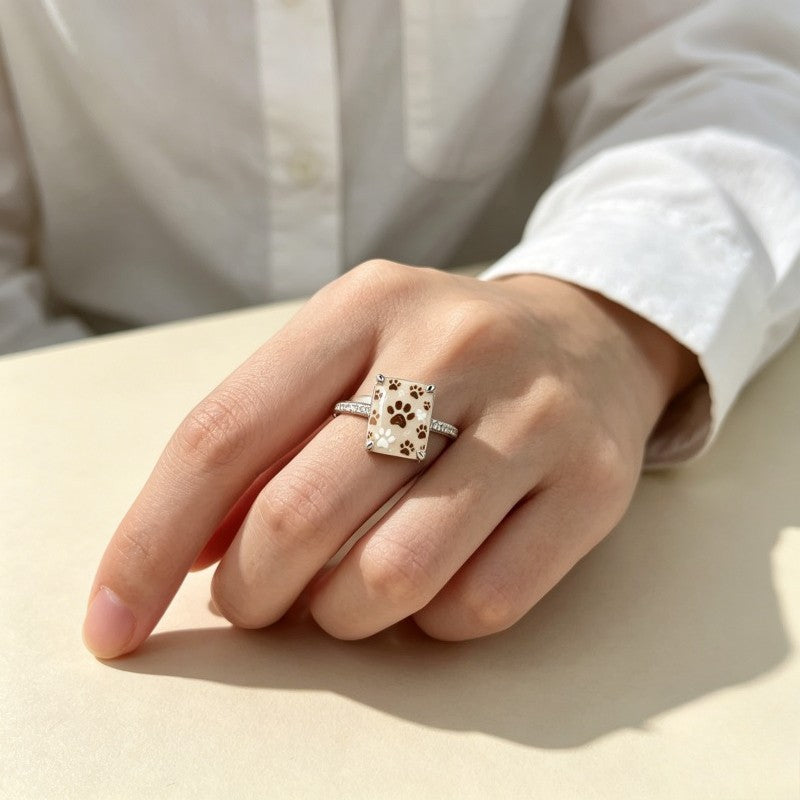 Cream Paw Print Square Ring