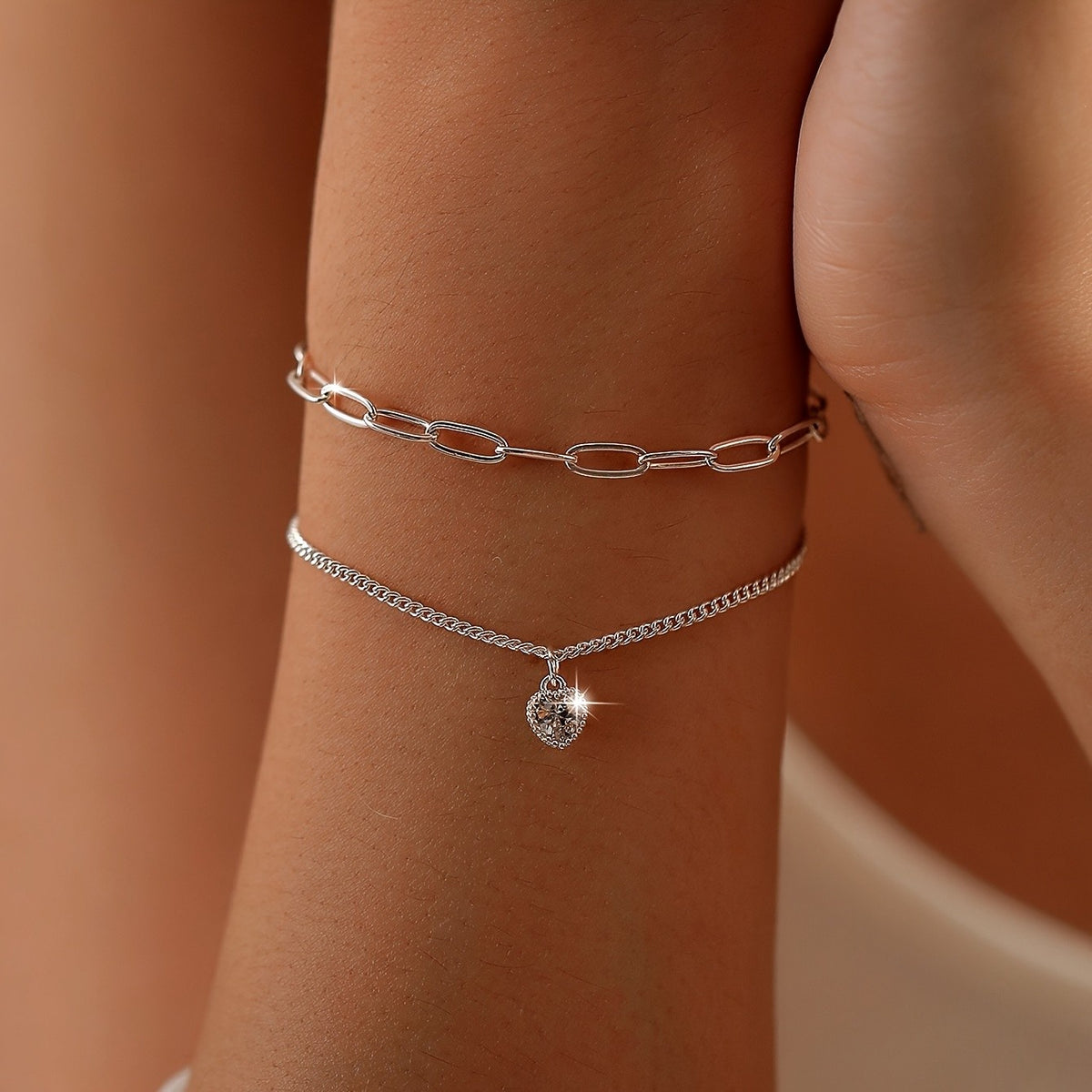 Zircon Heart & Paperclip Bracelet