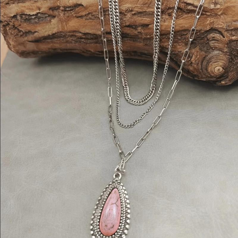 Pink Stone Teardrop Layered Necklace