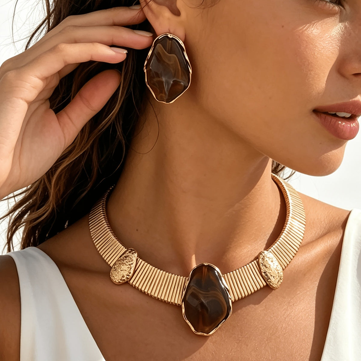 Ribbed Choker & Amber Stone Earring Set
