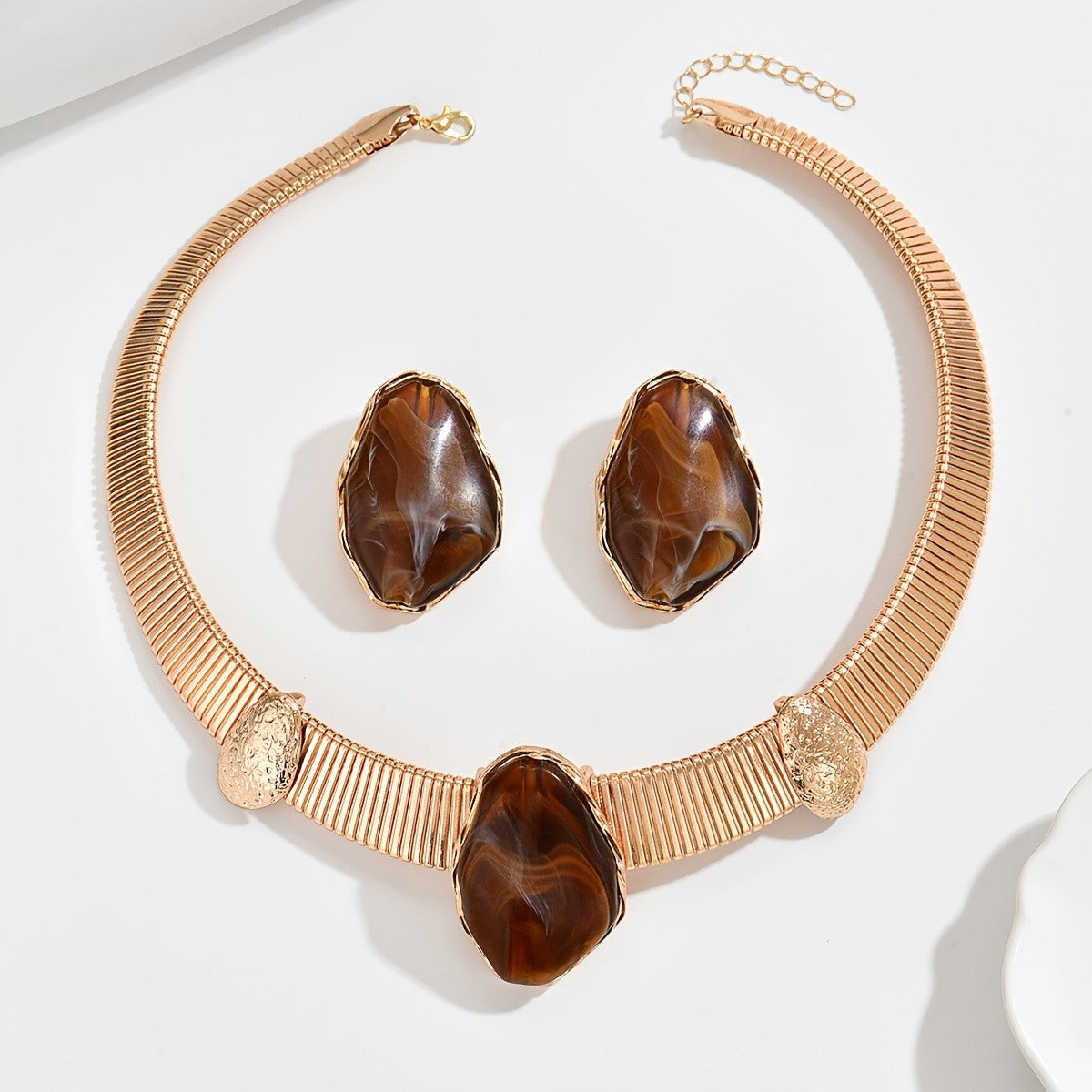 Ribbed Choker & Amber Stone Earring Set