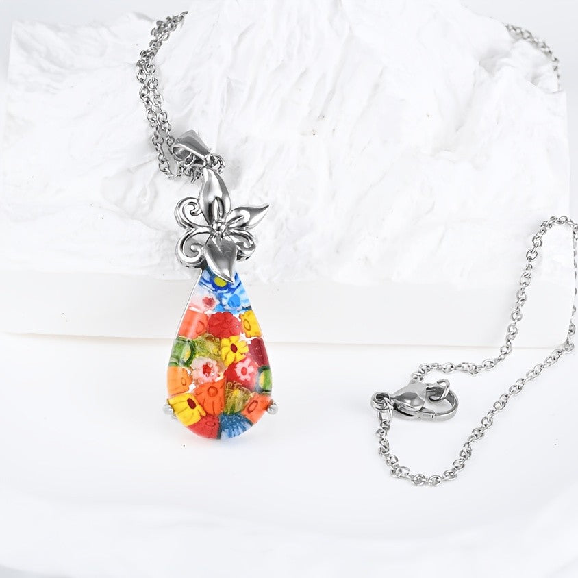 Blue Floral Glass Teardrop Pendant