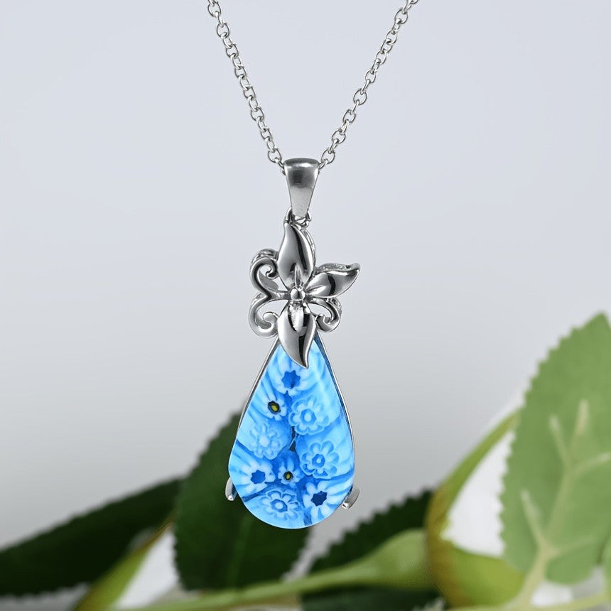 Blue Floral Glass Teardrop Pendant