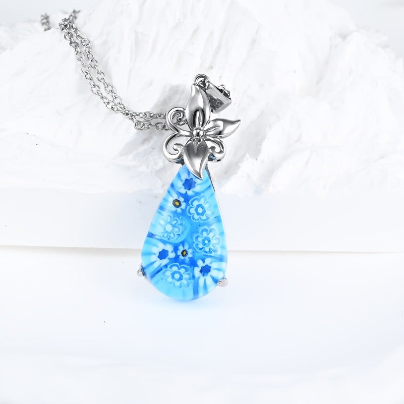 Blue Floral Glass Teardrop Pendant