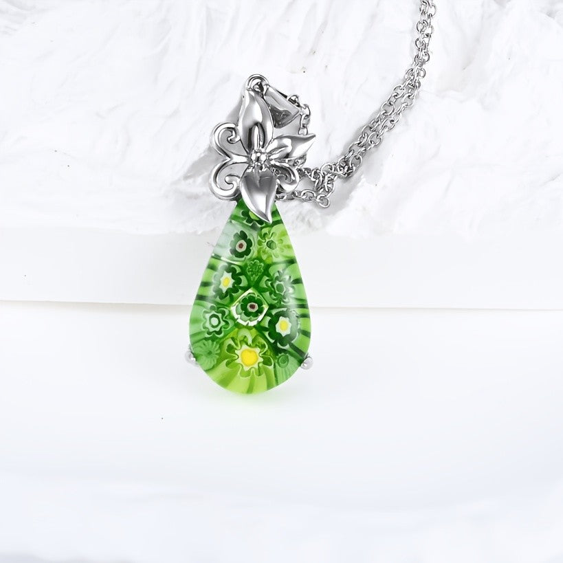 Blue Floral Glass Teardrop Pendant