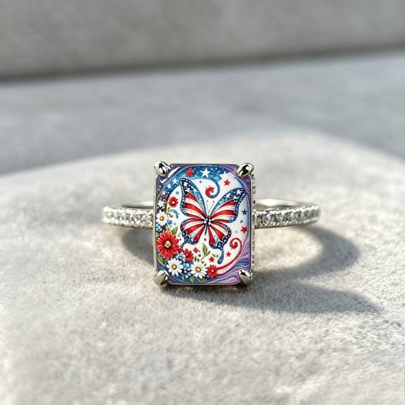 Zircon Patriotic Butterfly Square Ring