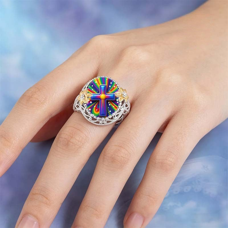 Rainbow Cross Filigree Ring
