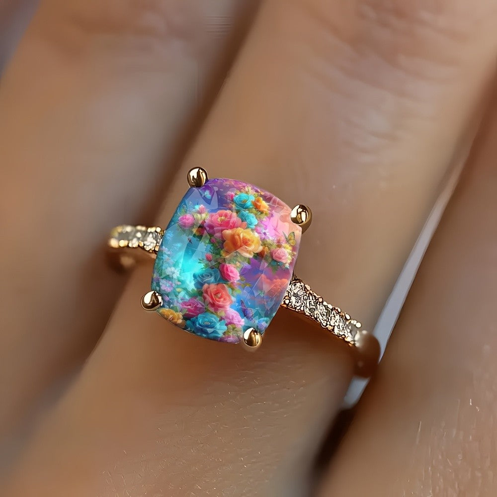 Colorful Floral Butterfly Square Ring