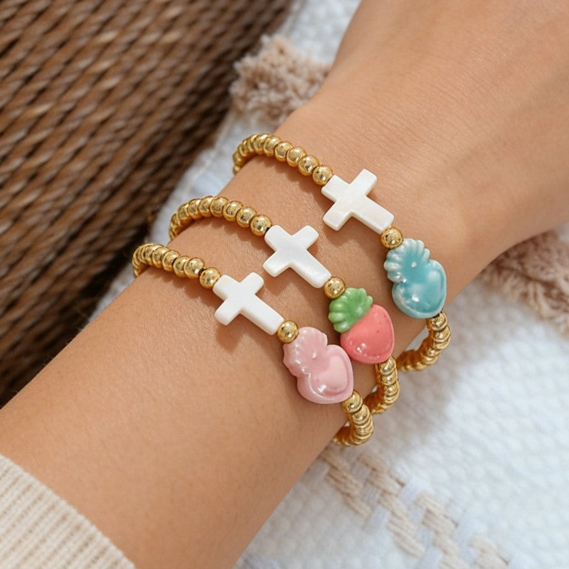 Cross & Fruit Charm Bracelet Set