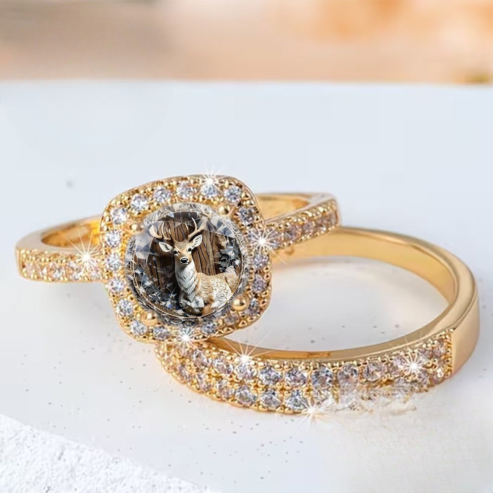Deer Crystal Square Ring Set