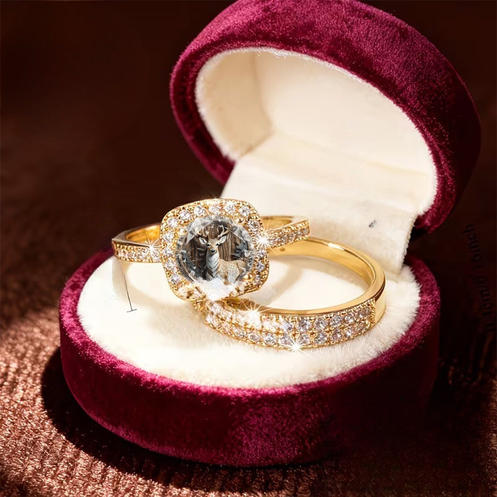 Deer Crystal Square Ring Set