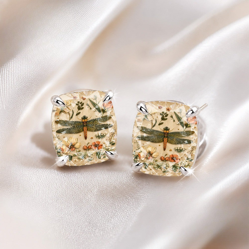Dragonfly Botanical Square Stud Earrings