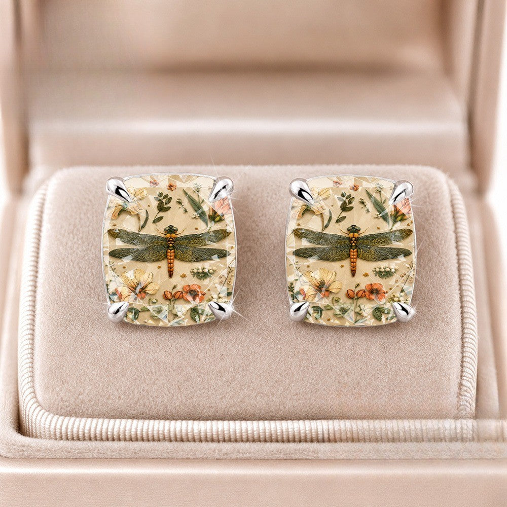 Dragonfly Botanical Square Stud Earrings