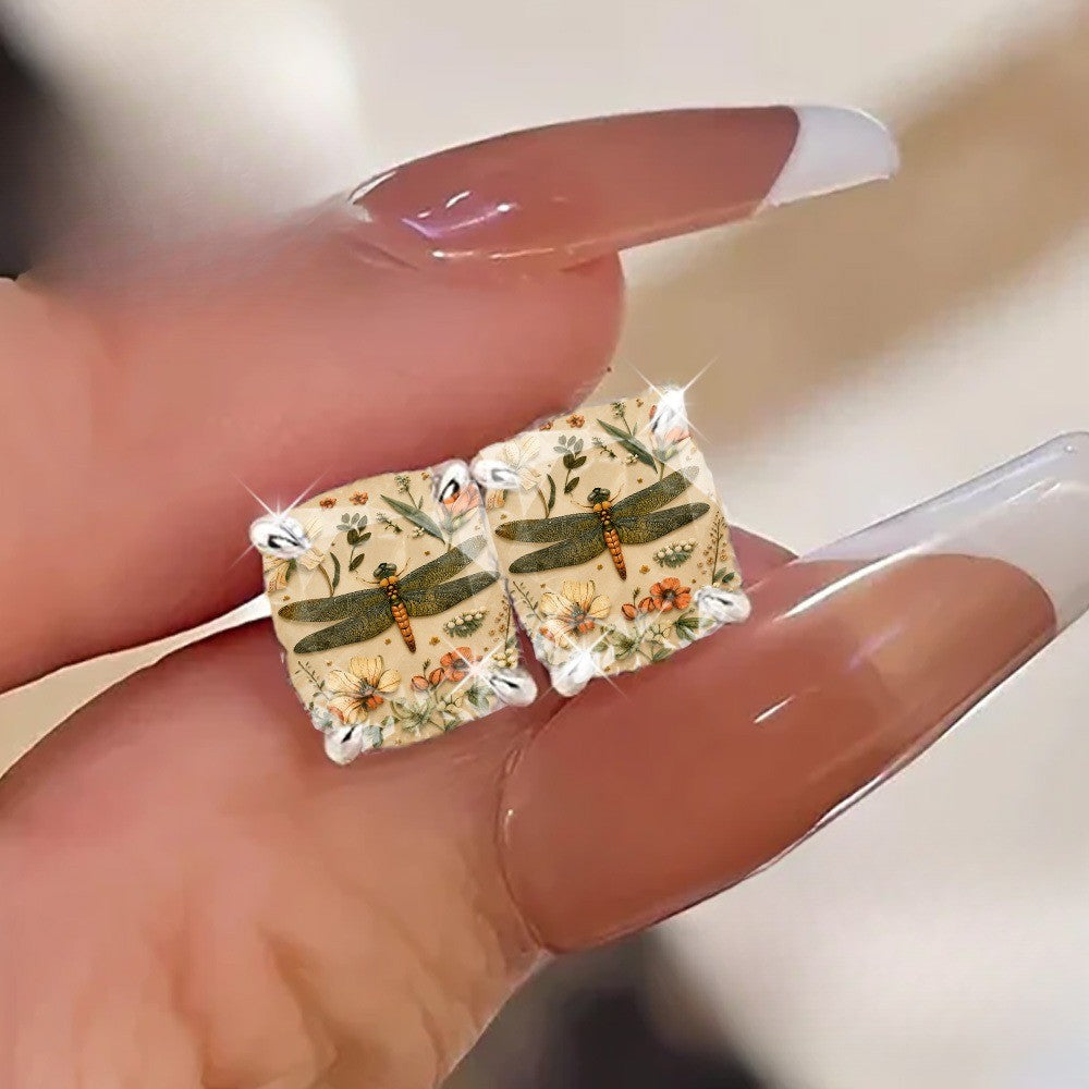 Dragonfly Botanical Square Stud Earrings