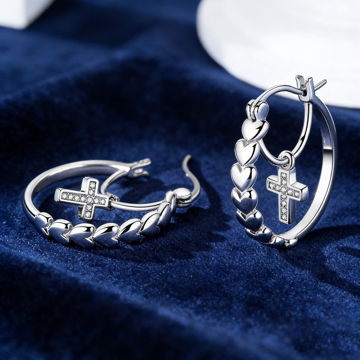 Stacked Heart Cross Hoop Earrings