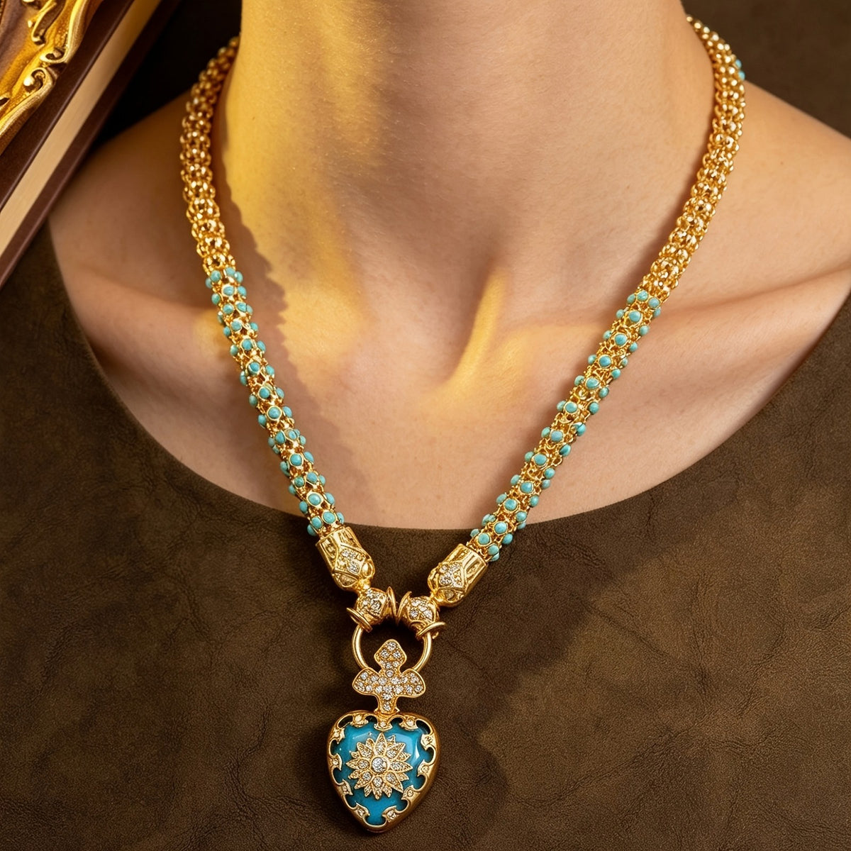 Blue Enamel Floral Heart Necklace