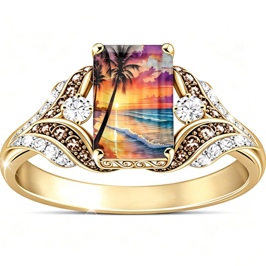 Palm Tree Sunset Rectangular Ring