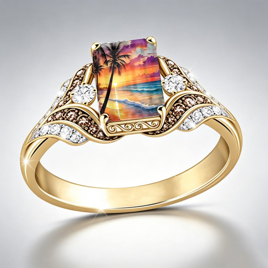 Palm Tree Sunset Rectangular Ring