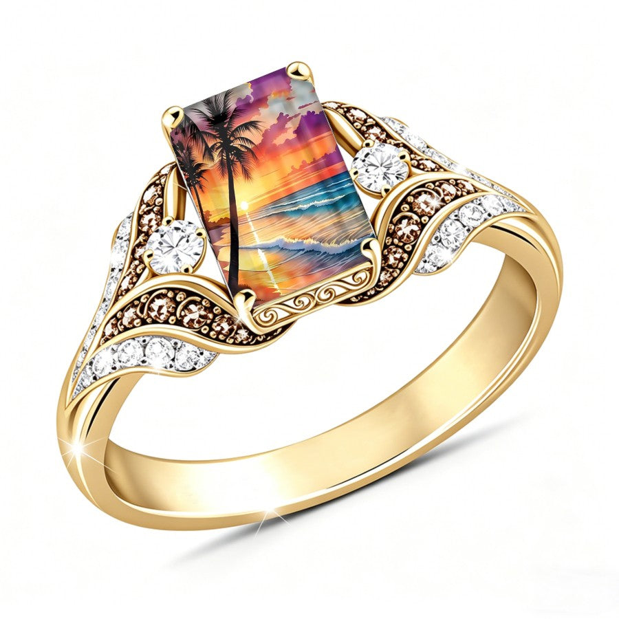 Palm Tree Sunset Rectangular Ring