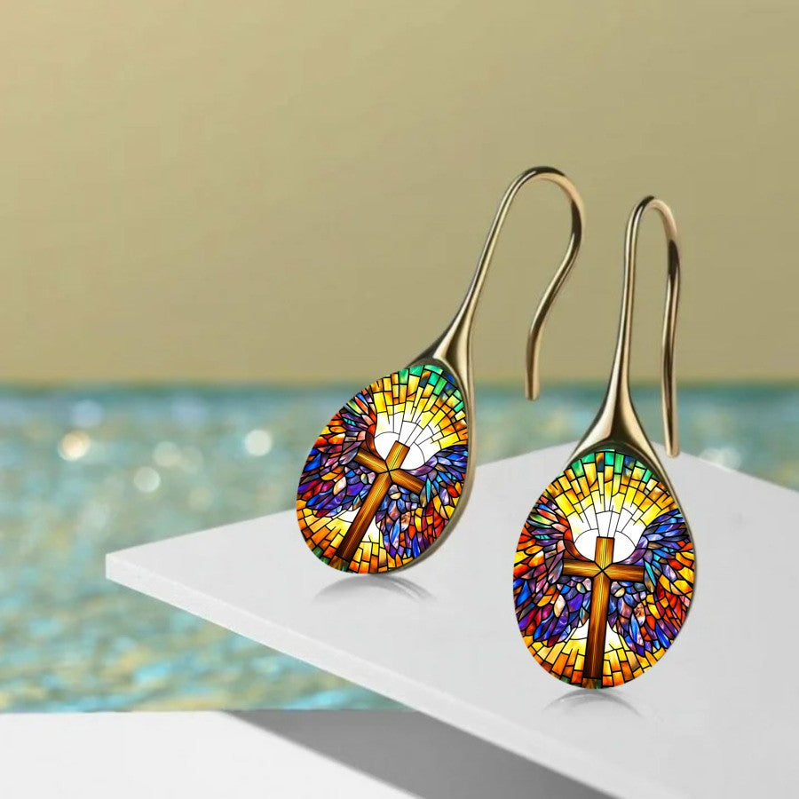 Stained Glass Cross Drop Earrings