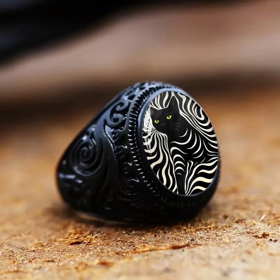 Black Cat Zebra Stripe Oval Ring
