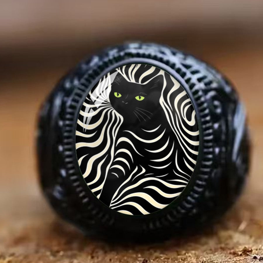 Black Cat Zebra Stripe Oval Ring