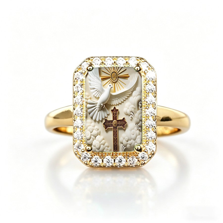 Dove & Cross Rectangular Ring