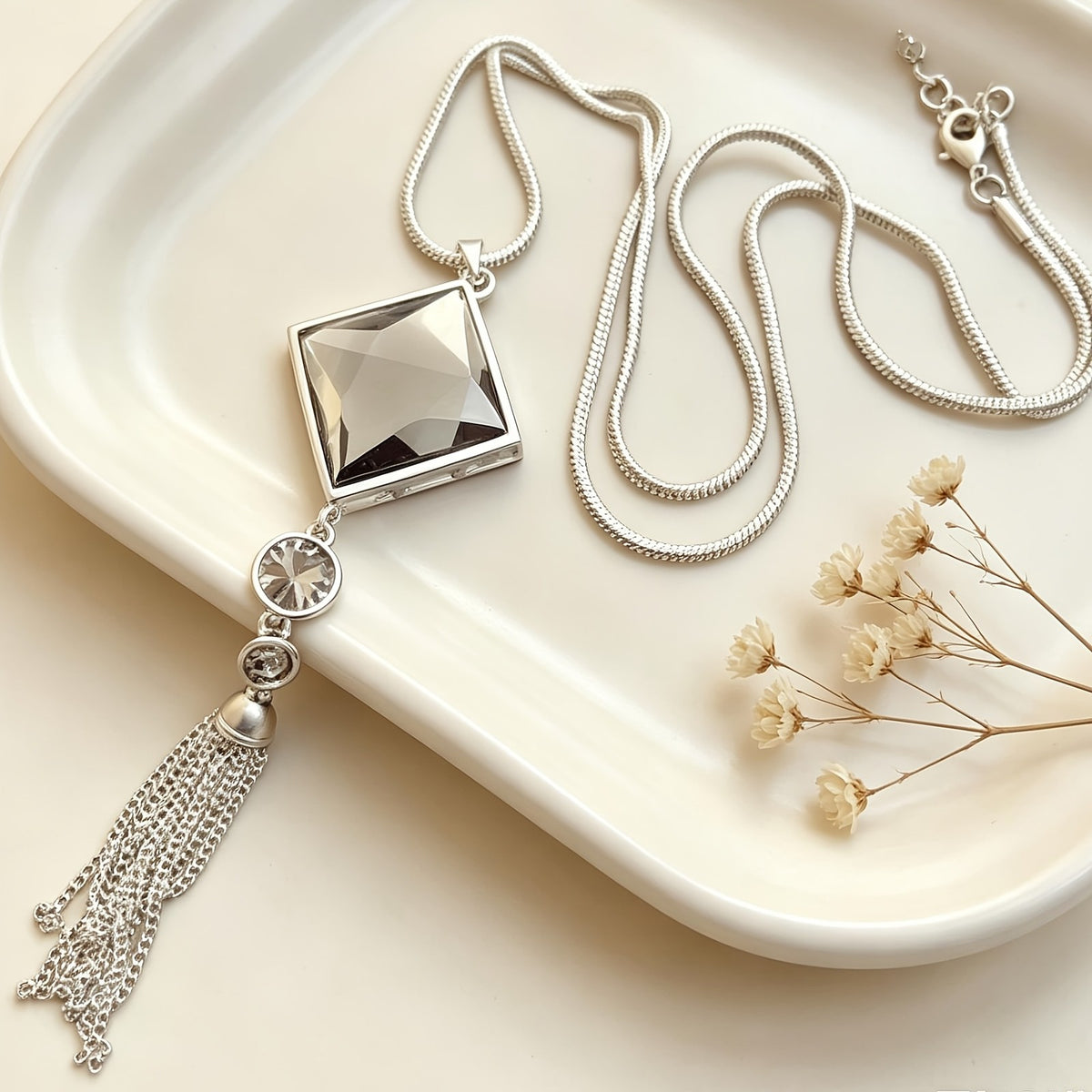 Square Crystal Tassel Necklace