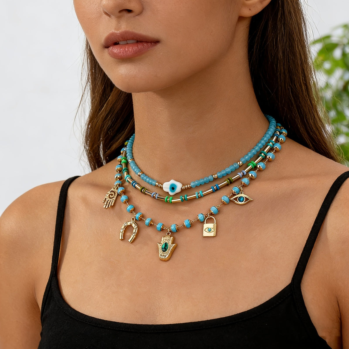 Turquoise Bead & Symbol Charm Necklace Set